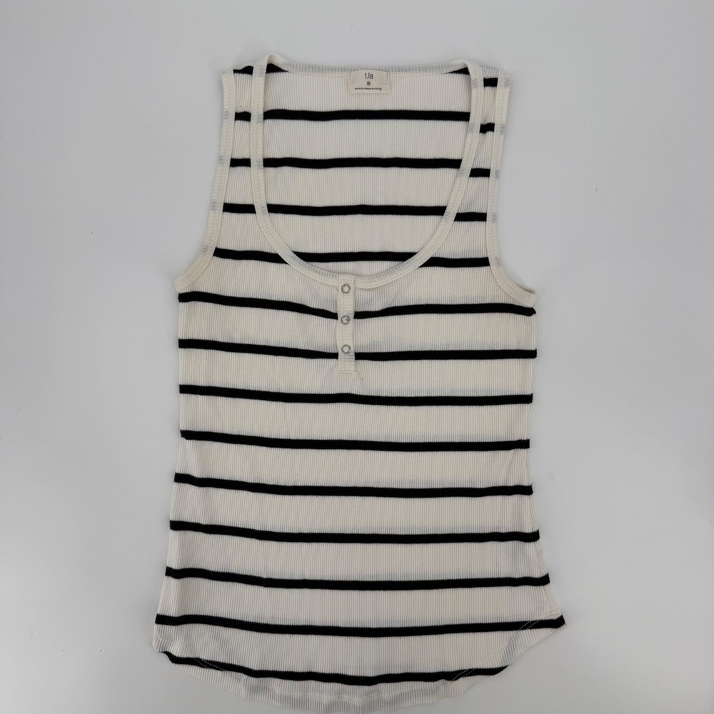 Anthropologie t.la Striped Henley Ribbed Tank Top Cream Black Sleeveless Medium